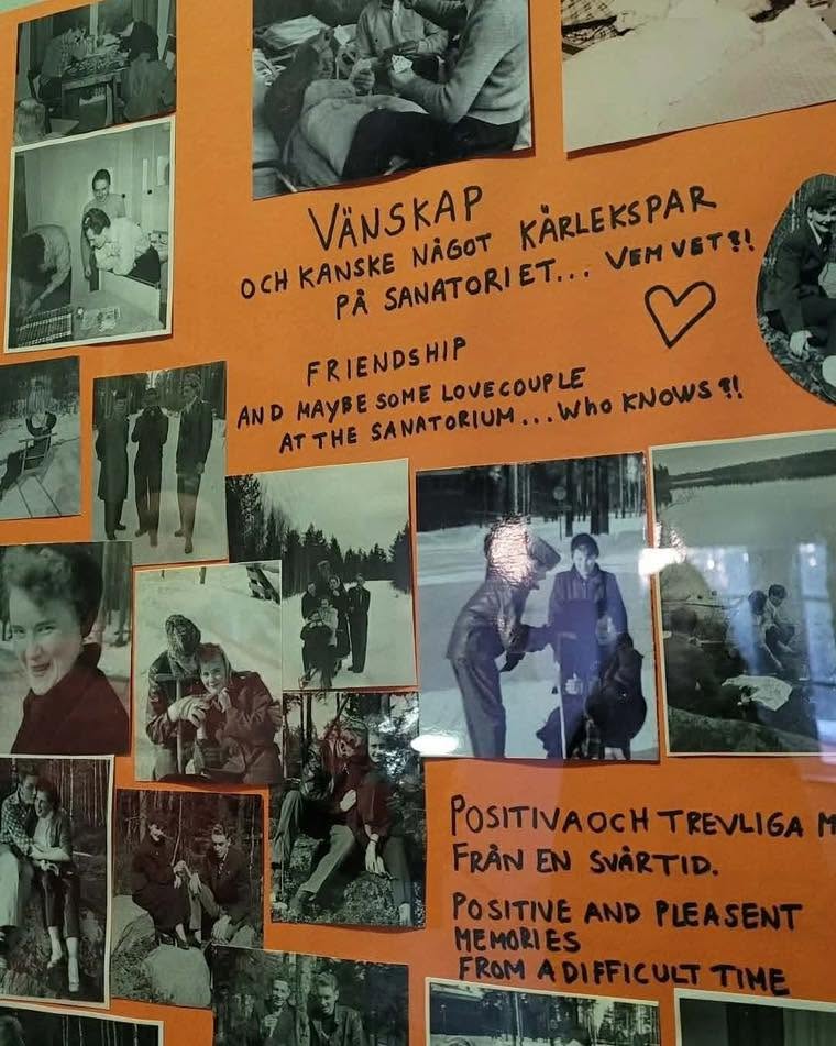 A memorial board of patients’ own black and white photographs with handwritten notes about friendship